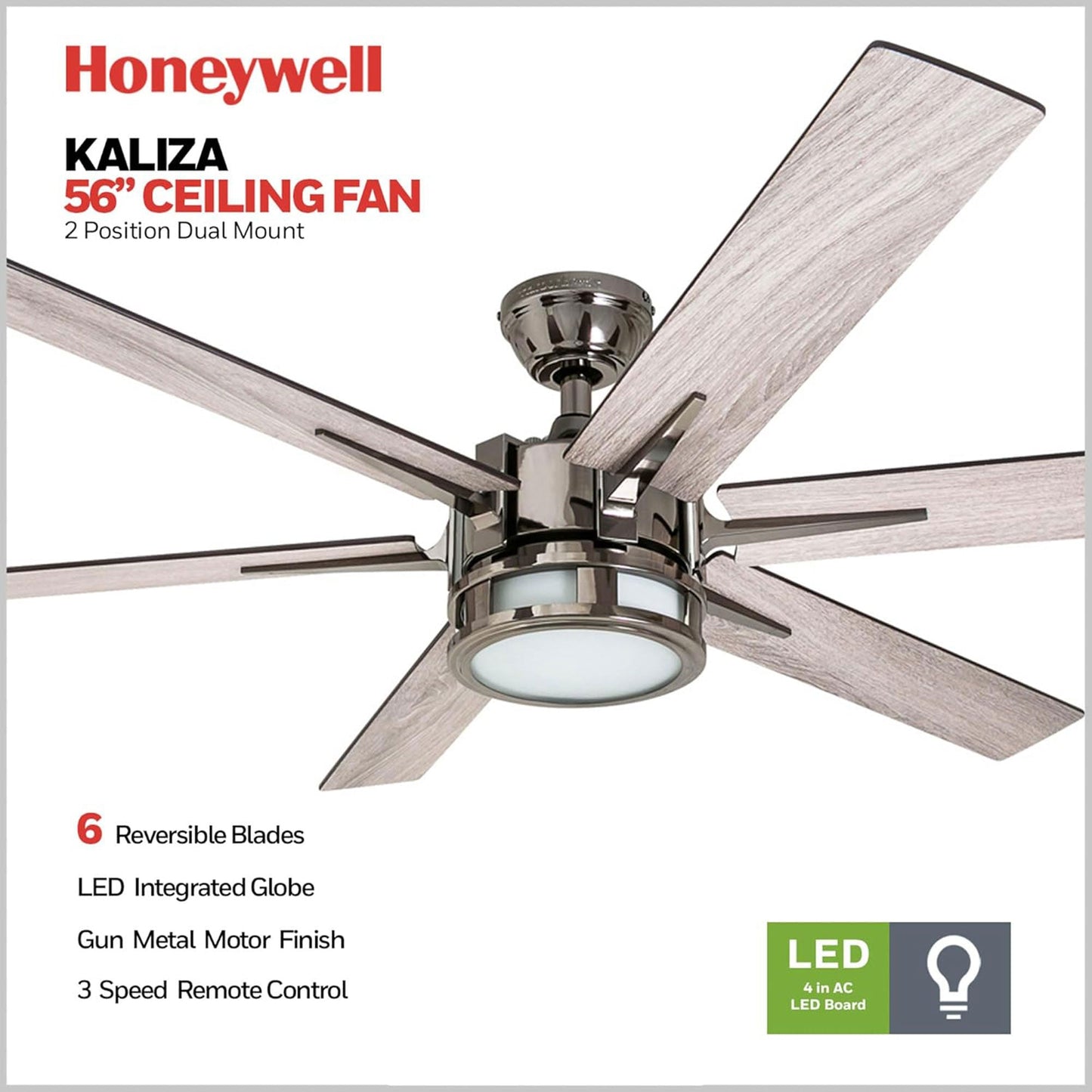 Honeywell Kaliza Ceiling Fan, Quiet Motor and Remote Control, 56", Matte Nickel