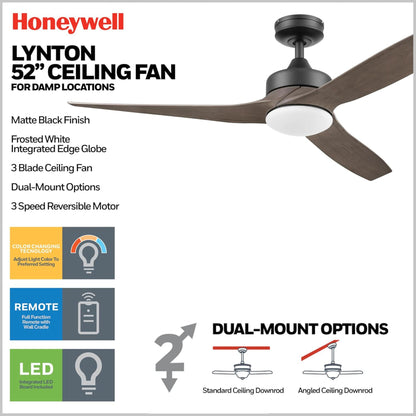 Honeywell Lynton 52" Ceiling Fan w/ Remote, & Reversible Blades, Matte Black