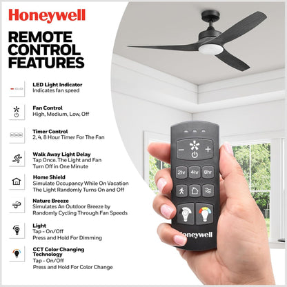 Honeywell Lynton 52" Ceiling Fan w/ Remote, & Reversible Blades, Matte Black
