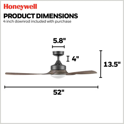 Honeywell Lynton 52" Ceiling Fan w/ Remote, & Reversible Blades, Matte Black