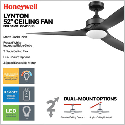 Honeywell Lynton 52" Ceiling Fan w/ Remote, & Reversible Blades, Matte Black