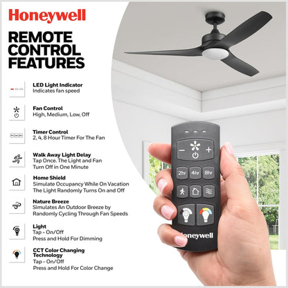 Honeywell Lynton 52" Ceiling Fan w/ Remote, & Reversible Blades, Matte Black
