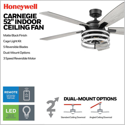 Honeywell Carnegie Ceiling Fan, Quiet Motor and Remote Control, 52", Matte Black