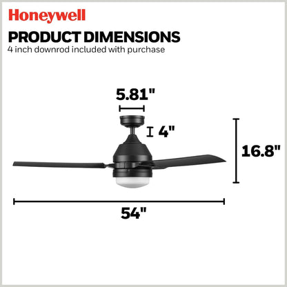 Honeywell Port Isle Modern Outdoor Ceiling Fan, Light and Remote Control, Black