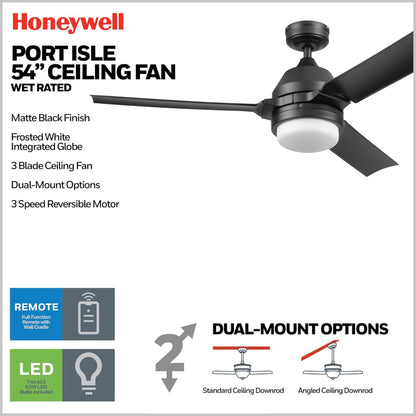 Honeywell Port Isle Modern Outdoor Ceiling Fan, Light and Remote Control, Black