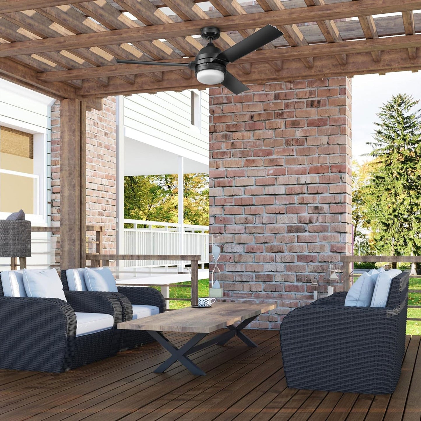 Honeywell Port Isle Modern Outdoor Ceiling Fan, Light and Remote Control, Black