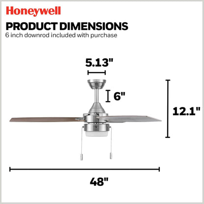 Honeywell Berryhill Ceiling Fan, Quiet Motor and Pull Chain, 48", Brushed Nickel