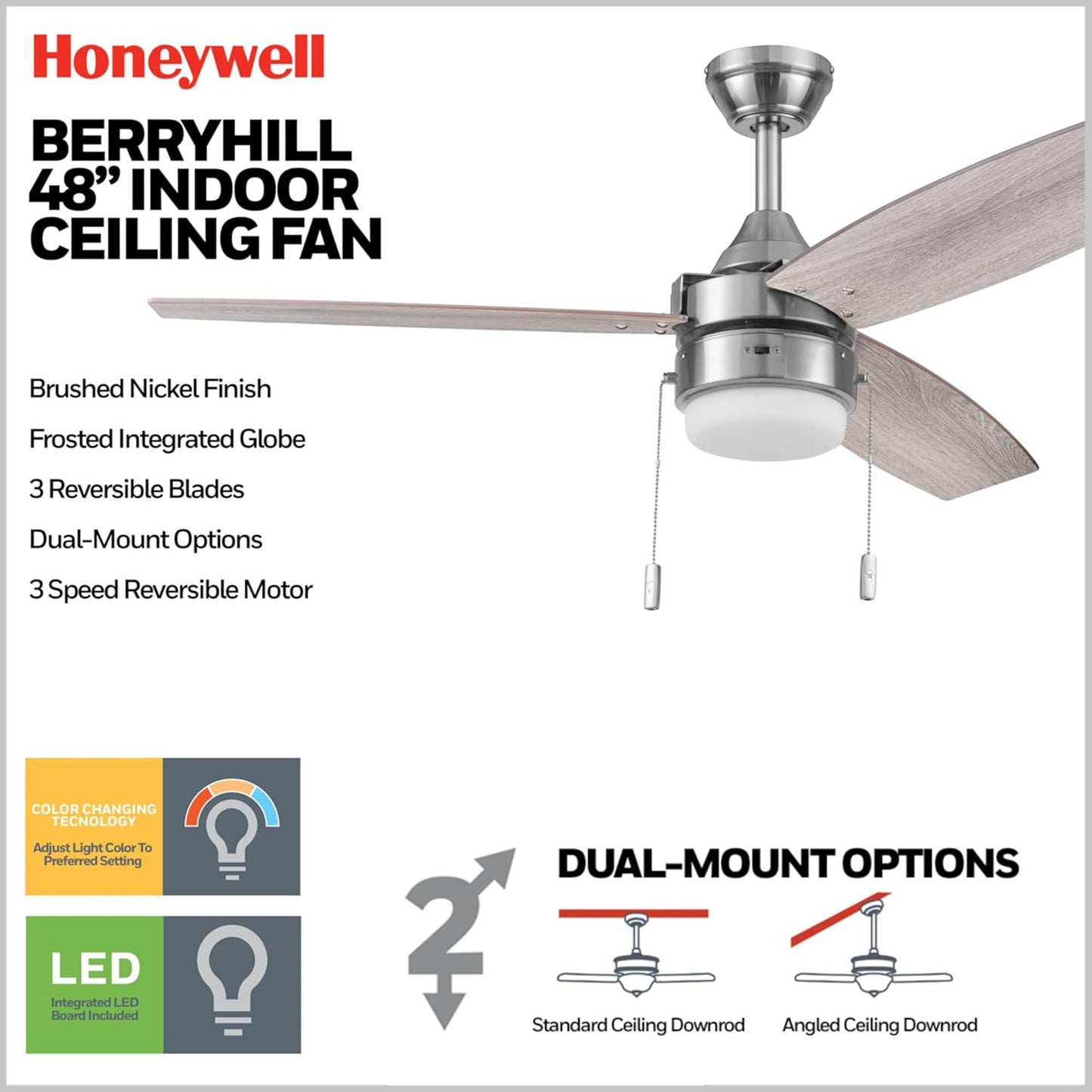 Honeywell Berryhill Ceiling Fan, Quiet Motor and Pull Chain, 48", Brushed Nickel