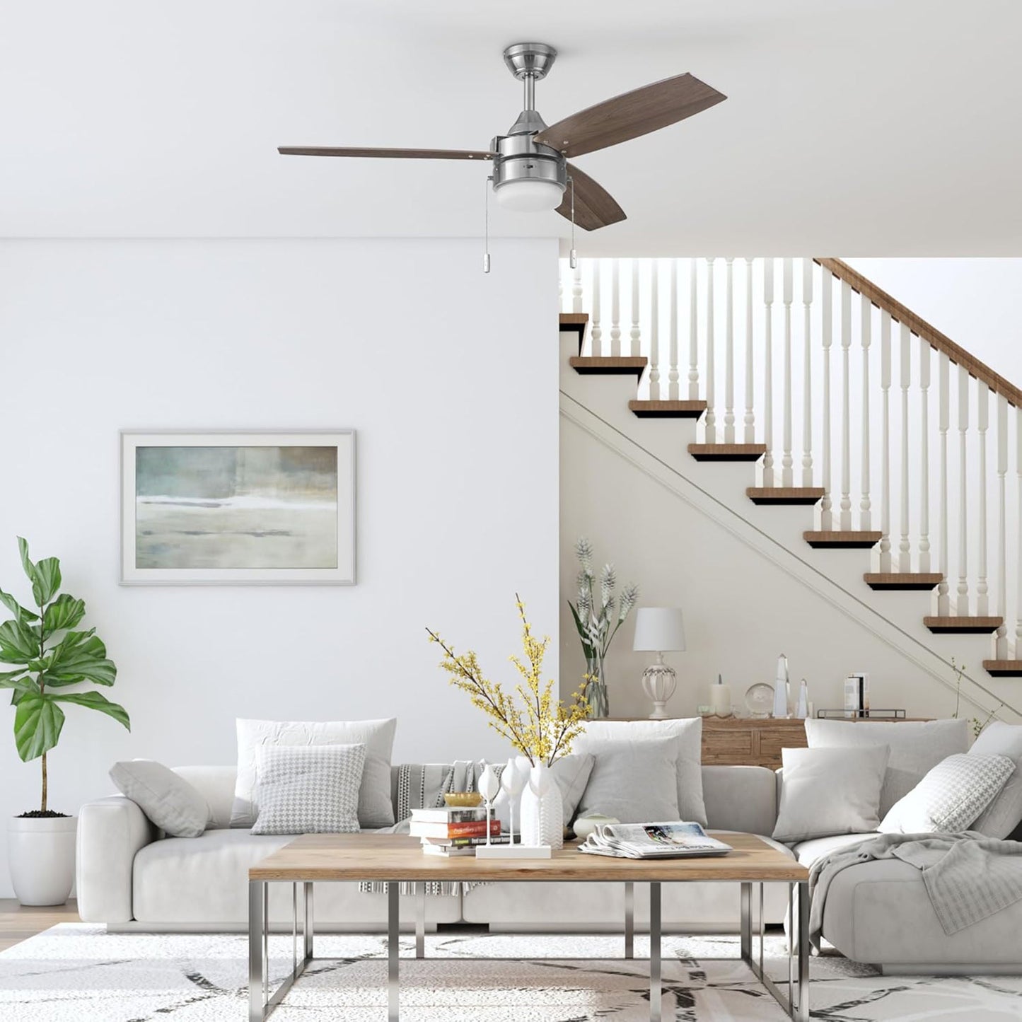 Honeywell Berryhill Ceiling Fan, Quiet Motor and Pull Chain, 48", Brushed Nickel