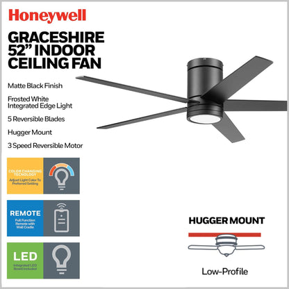 Honeywell Graceshire 52” Ceiling Fan with LED Light and Remote, Matte Black