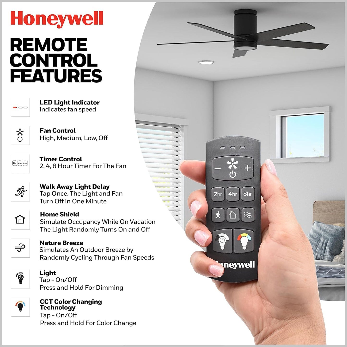 Honeywell Graceshire 52” Ceiling Fan with LED Light and Remote, Matte Black