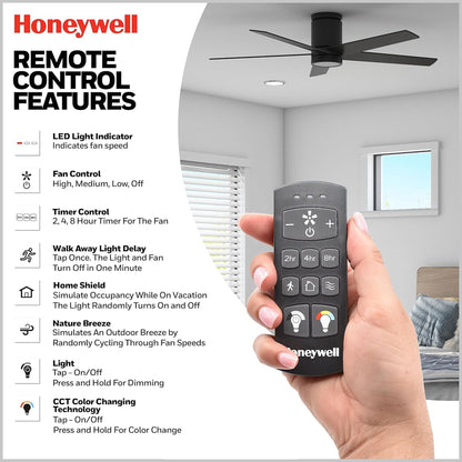 Honeywell Graceshire 52” Ceiling Fan with LED Light and Remote, Matte Black