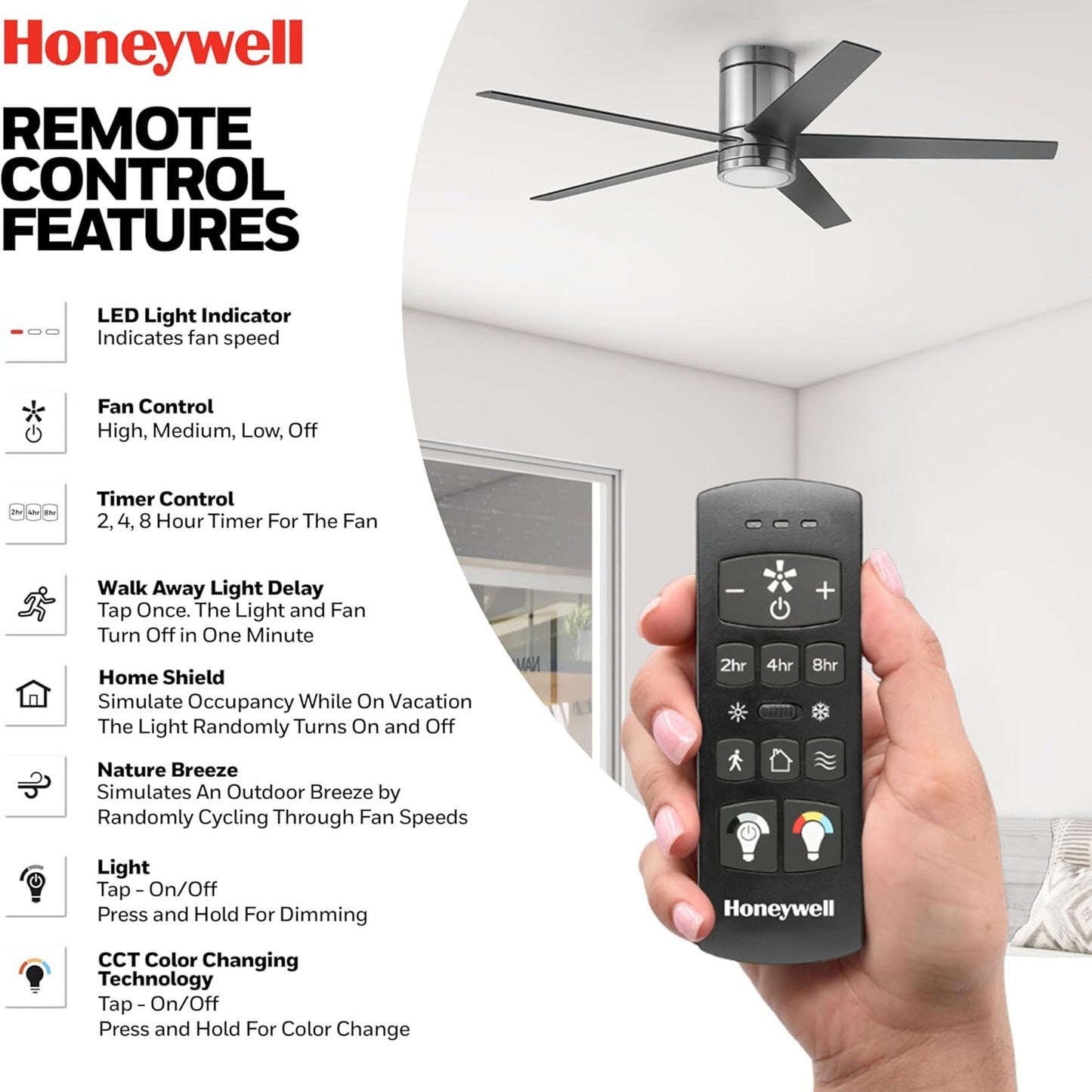 Honeywell Graceshire 52” Ceiling Fan with LED Light and Remote, Brushed Nickel