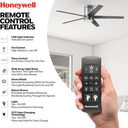 Honeywell Graceshire 52” Ceiling Fan with LED Light and Remote, Brushed Nickel