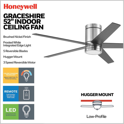 Honeywell Graceshire 52” Ceiling Fan with LED Light and Remote, Brushed Nickel