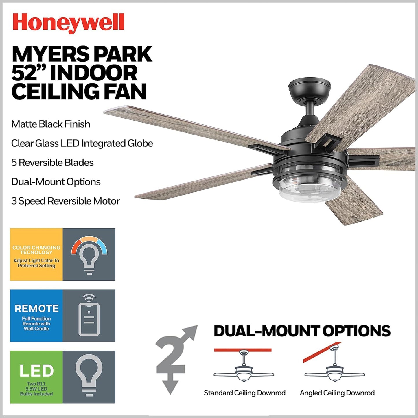 Honeywell Myers Park 52" Ceiling Fan w/ Remote, & Reversible Blades, Matte Black