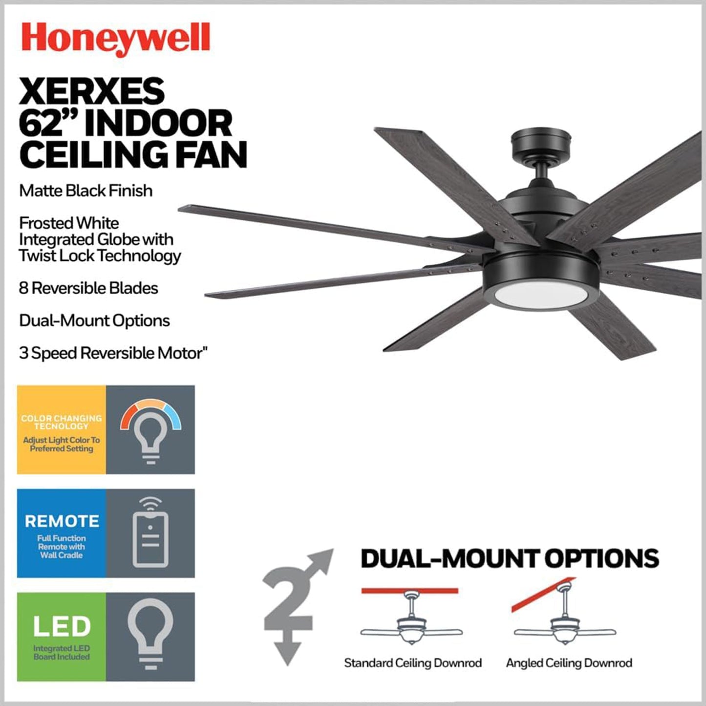 Honeywell Xerxes 62" Ceiling Fan w/ Remote Control, & Reversible Blades, Black