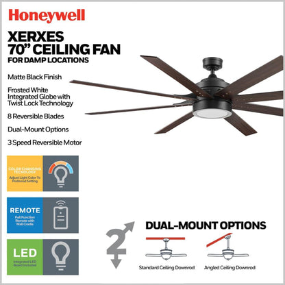 Honeywell Xerxes 70" Ceiling Fan w/ Remote Control, & Reversible Blades, Black