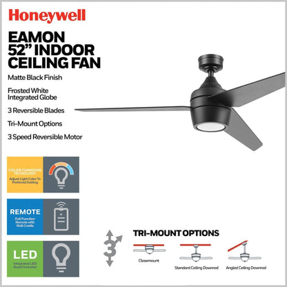 Honeywell 52" Indoor Ceiling Fan Light, Remote, 3 Blade, Dual Mount, Matte Black