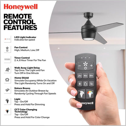 Honeywell 52" Indoor Ceiling Fan Light, Remote, 3 Blade, Dual Mount, Matte Black