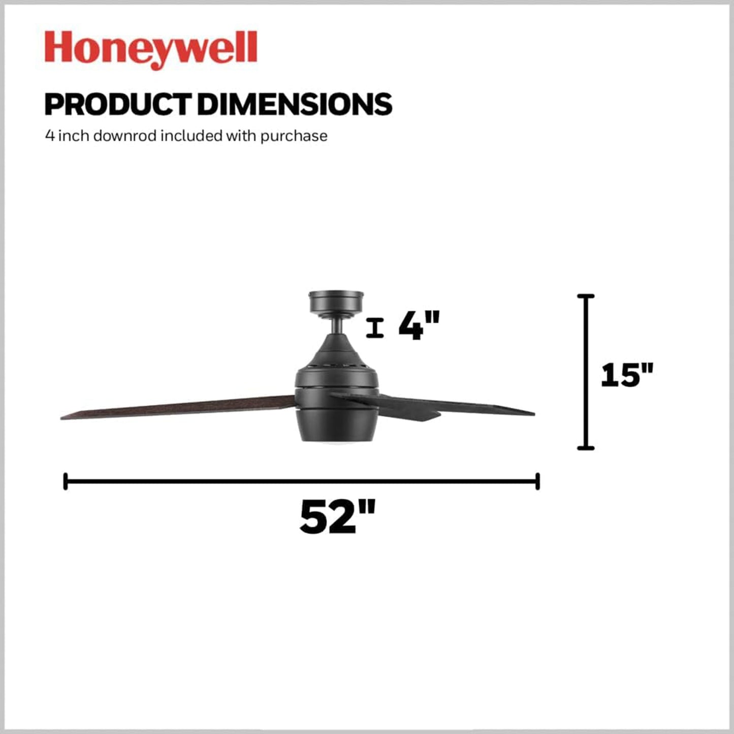 Honeywell 52" Indoor Ceiling Fan Light, Remote, 3 Blade, Dual Mount, Matte Black