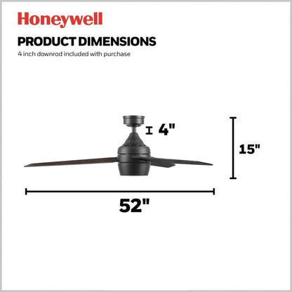 Honeywell 52" Indoor Ceiling Fan Light, Remote, 3 Blade, Dual Mount, Matte Black