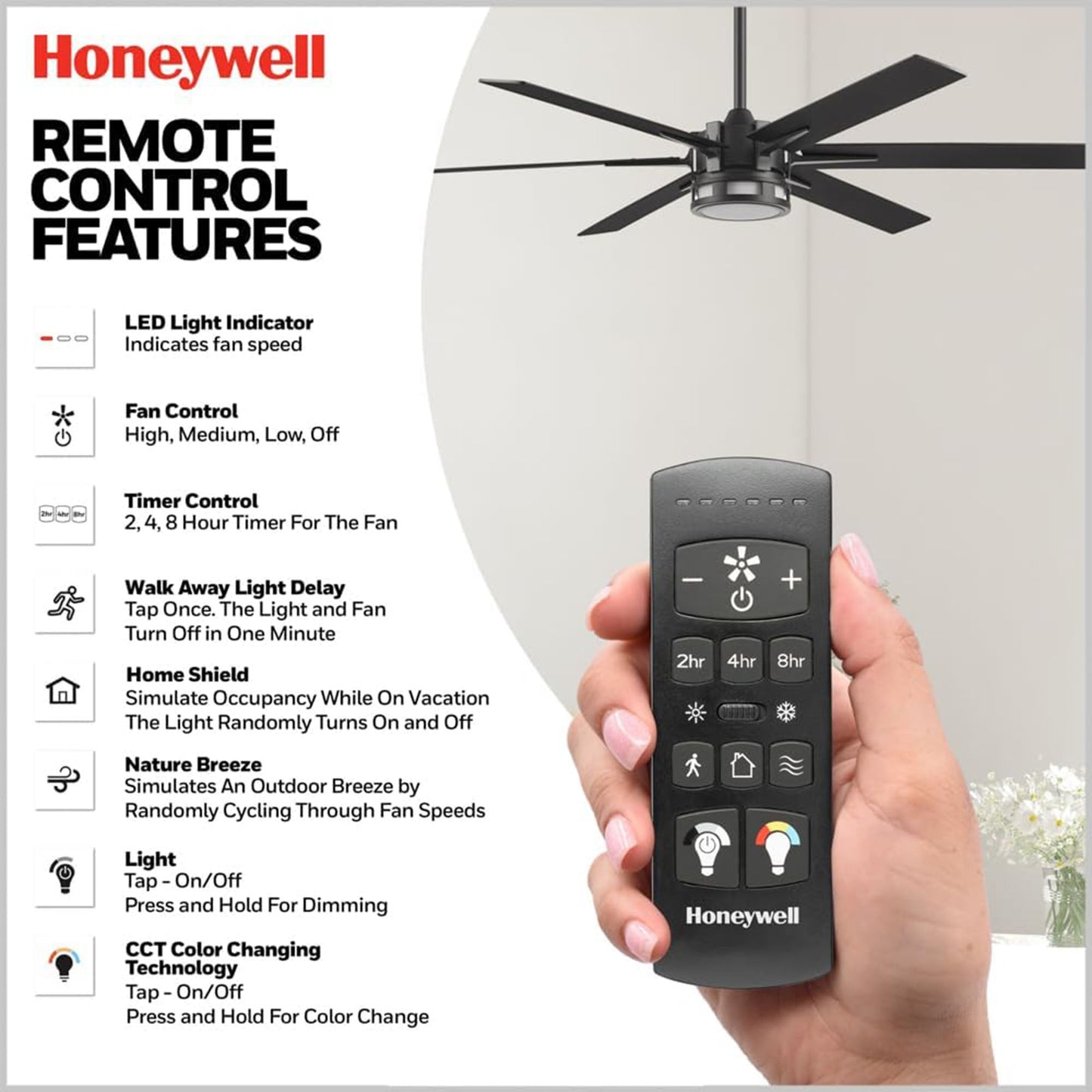 Honeywell Kaliza Ceiling Fan, Color Changing LED and Remote Control, 60", Black