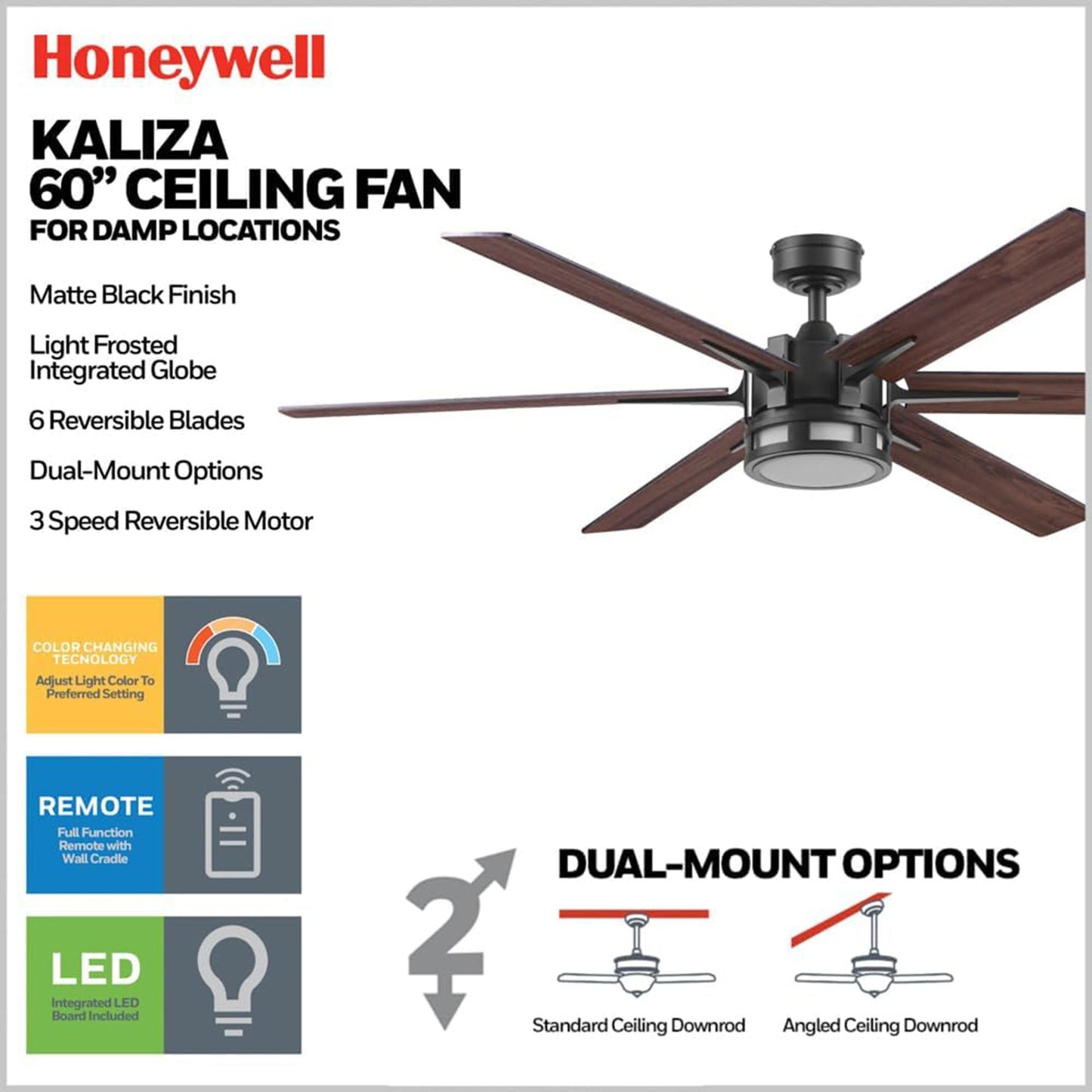 Honeywell Kaliza Ceiling Fan, Color Changing LED and Remote Control, 60", Black