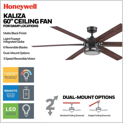 Honeywell Kaliza Ceiling Fan, Color Changing LED and Remote Control, 60", Black