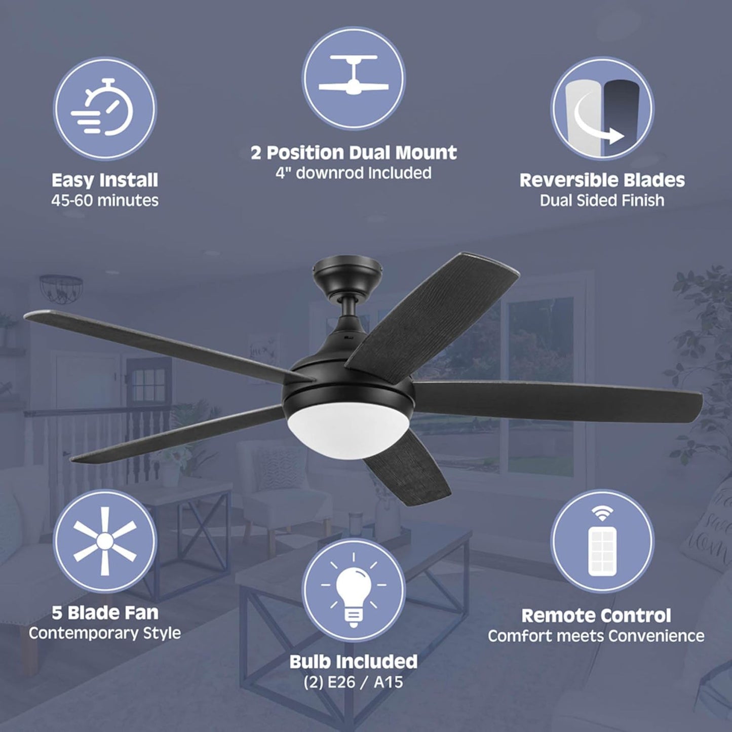 Prominence Home Ashby 52" Ceiling Fan w/Light, Remote, & 5 Blades, Black/Ebony