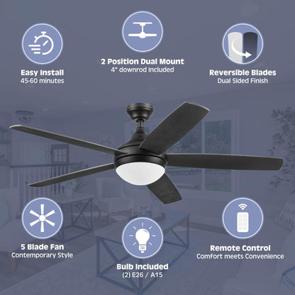 Prominence Home Ashby 52" Ceiling Fan w/Light, Remote, & 5 Blades, Black/Ebony