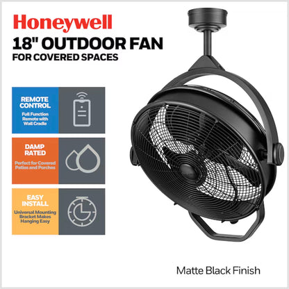 Honeywell Garage Ceiling Fan, 18” 3 Speed Indoor Outdoor Mount Fan, Matte Black