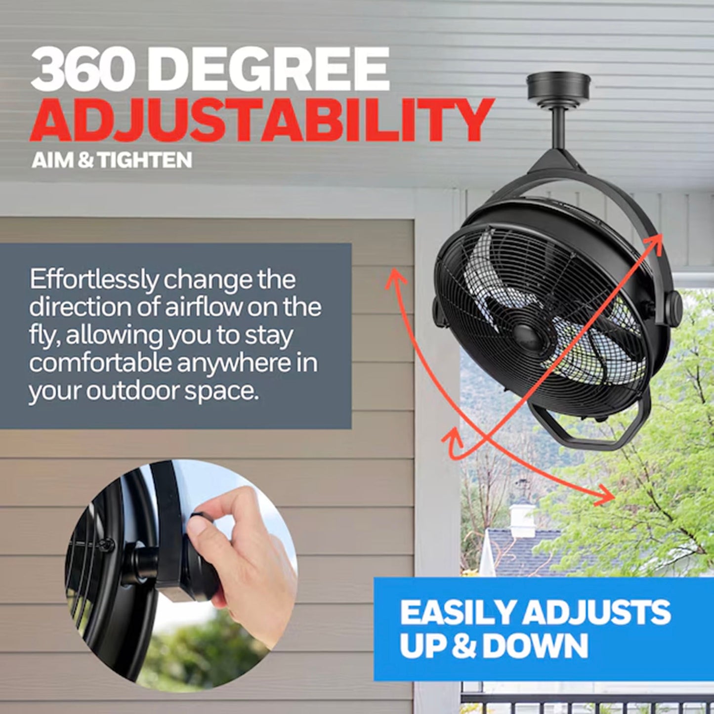 Honeywell Garage Ceiling Fan, 18” 3 Speed Indoor Outdoor Mount Fan, Matte Black