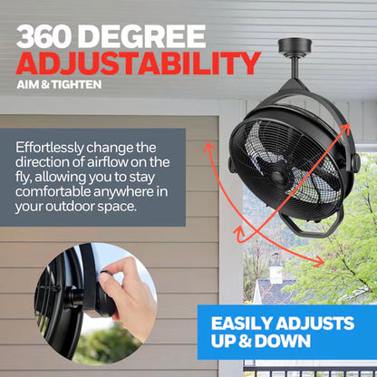 Honeywell Garage Ceiling Fan, 18” 3 Speed Indoor Outdoor Mount Fan, Matte Black