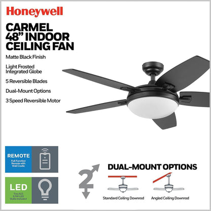 Honeywell 48" Contemporary Ceiling Fan, LED Light, Remote Control, Carmel, Black