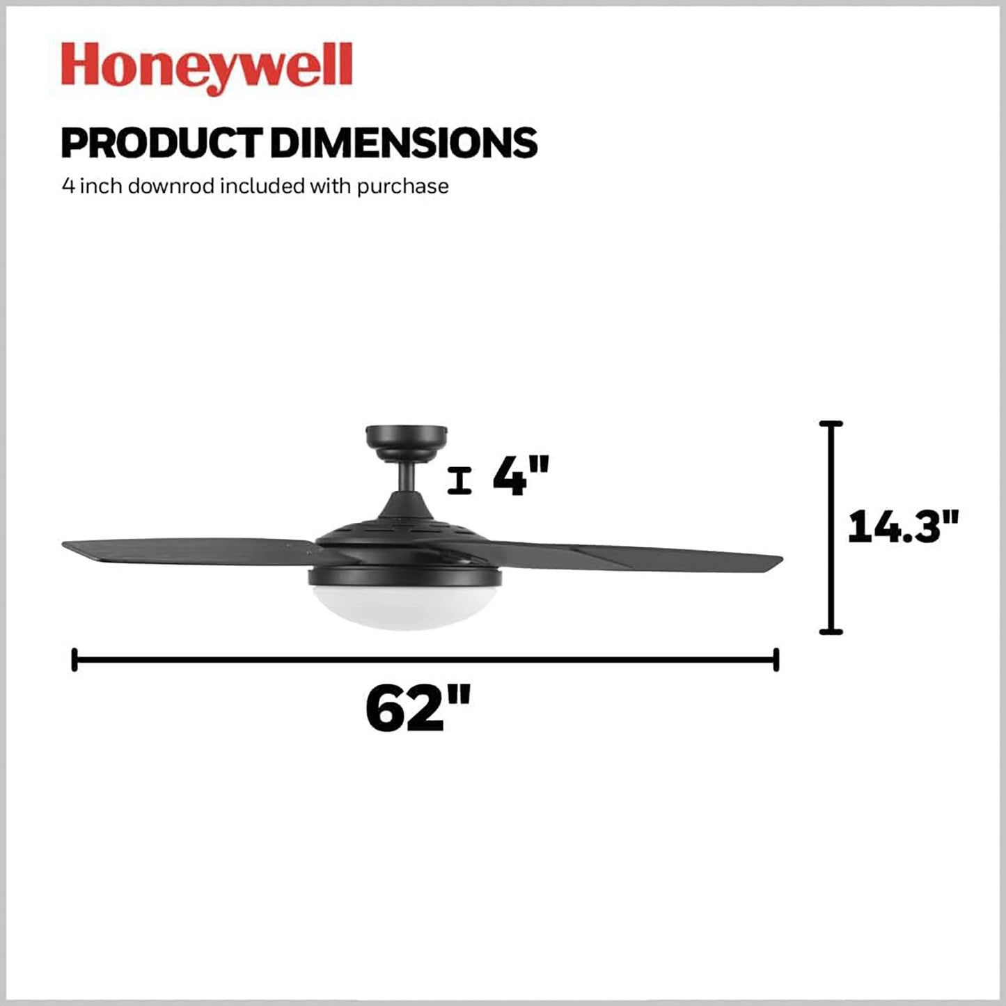 Honeywell 48" Contemporary Ceiling Fan, LED Light, Remote Control, Carmel, Black