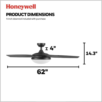 Honeywell 48" Contemporary Ceiling Fan, LED Light, Remote Control, Carmel, Black