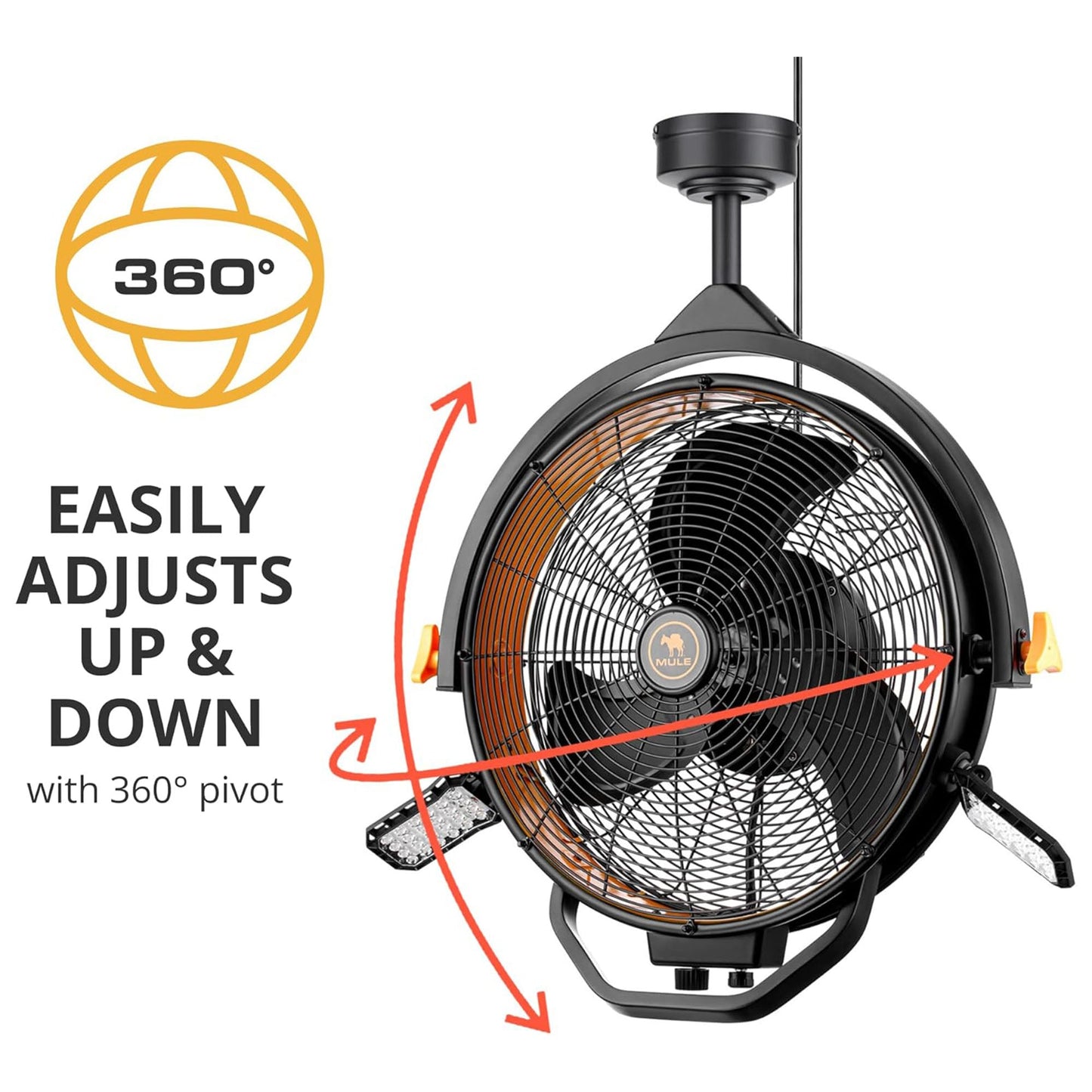 Mule 18" Garage Fan XL with Work Lights, Dual Height Ceiling Mounting Options