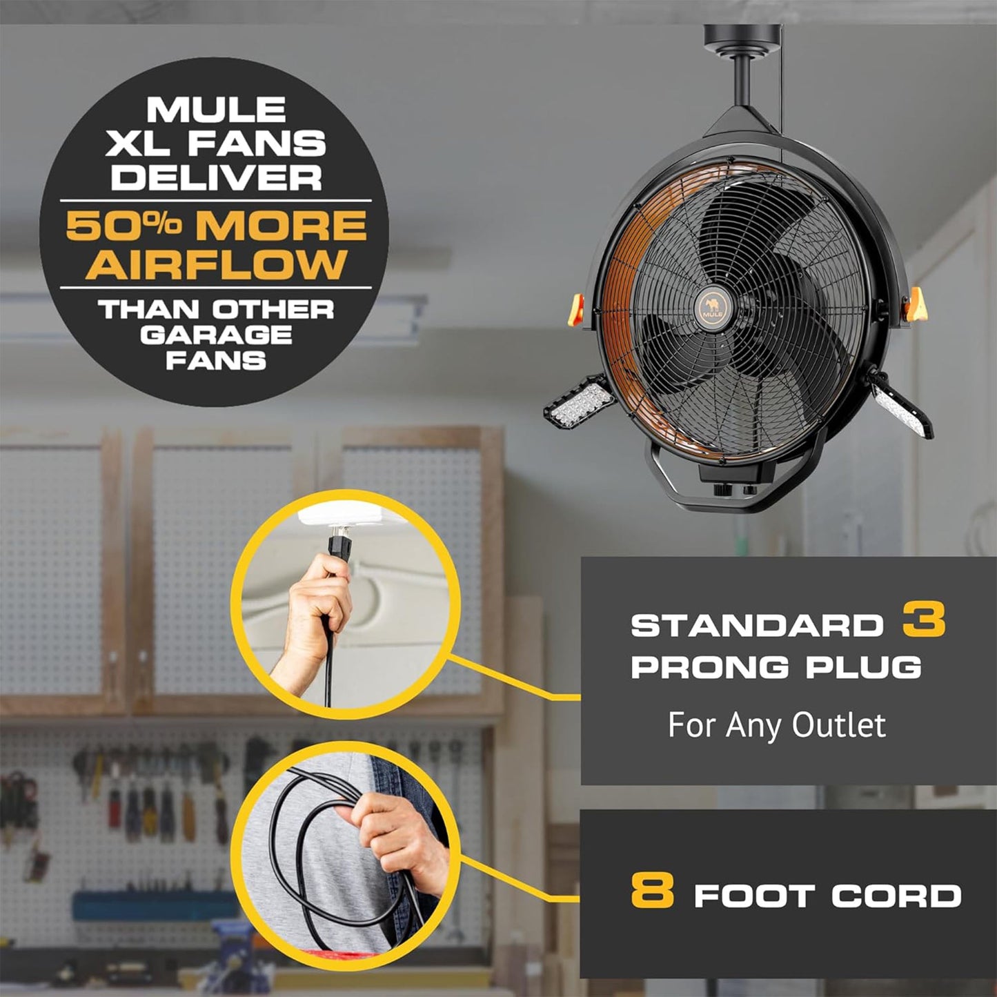 Mule 18" Garage Fan XL with Work Lights, Dual Height Ceiling Mounting Options