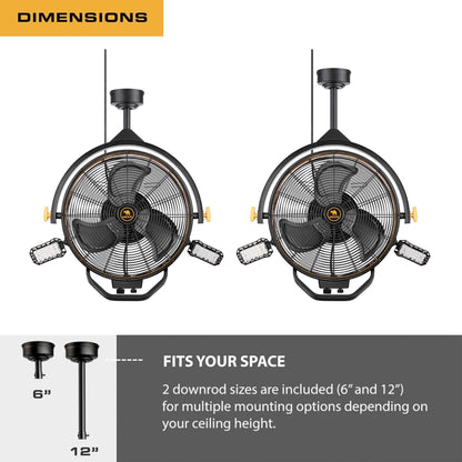 Mule 18" Garage Fan XL with Work Lights, Dual Height Ceiling Mounting Options