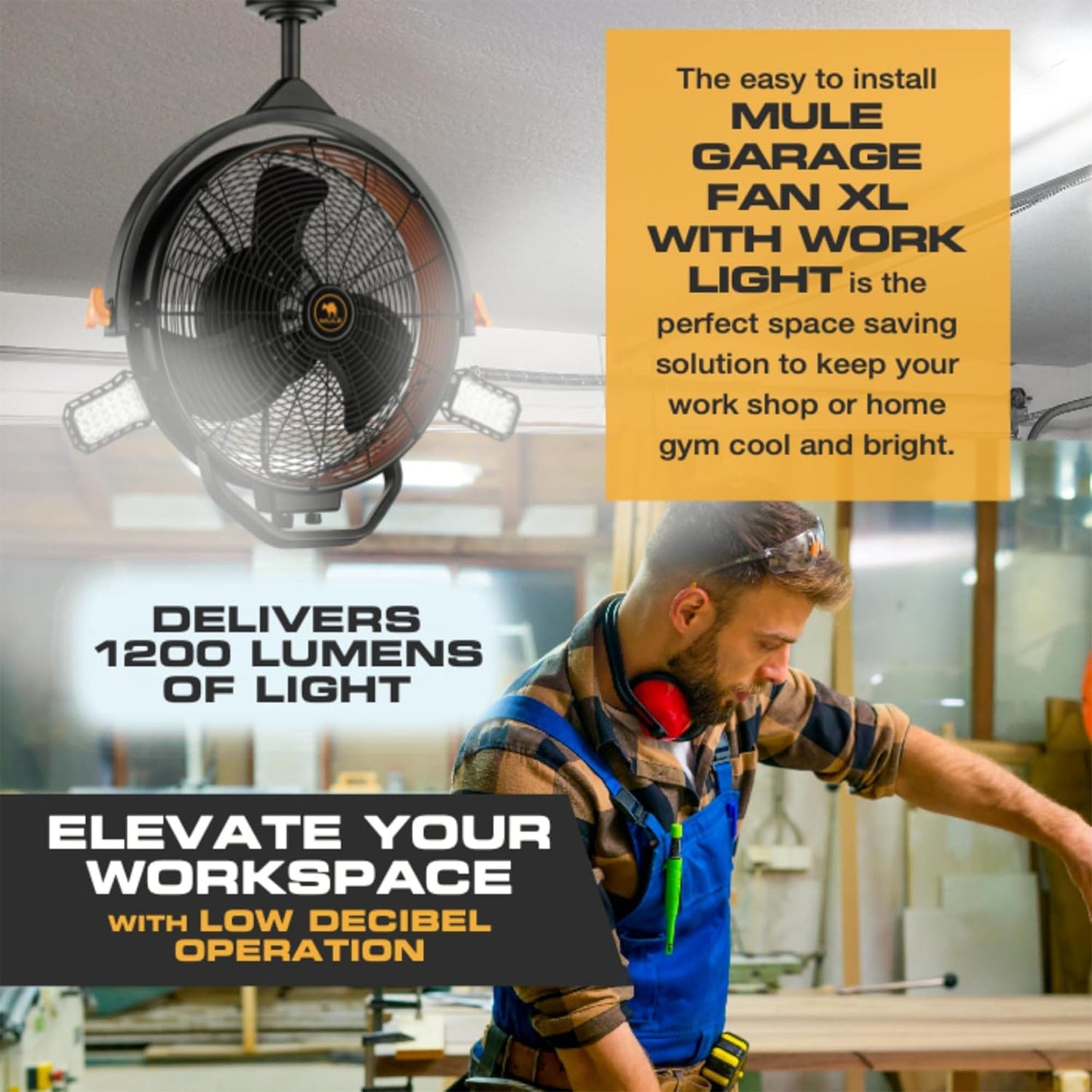 Mule 18" Garage Fan XL with Work Lights, Dual Height Ceiling Mounting Options