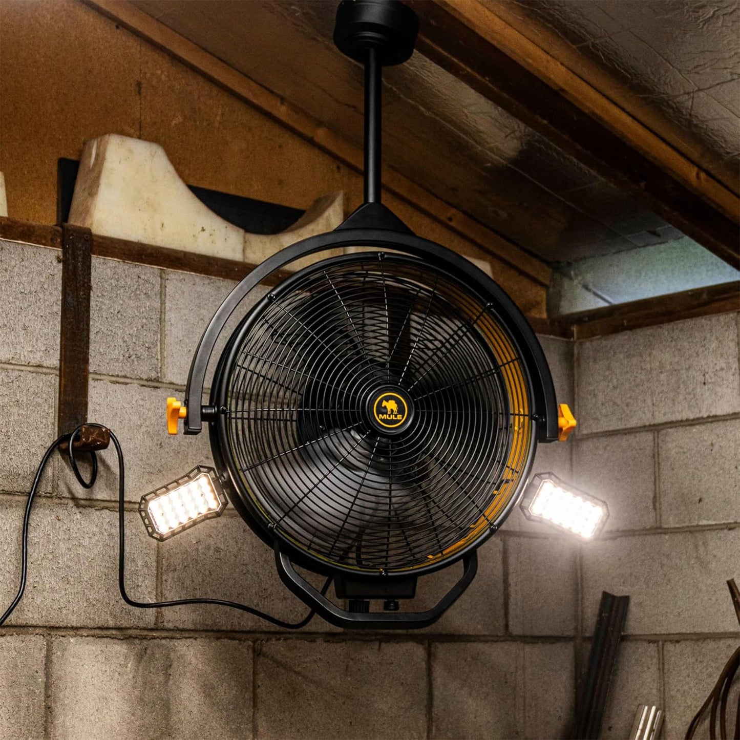 Mule 18" Garage Fan XL with Work Lights, Dual Height Ceiling Mounting Options