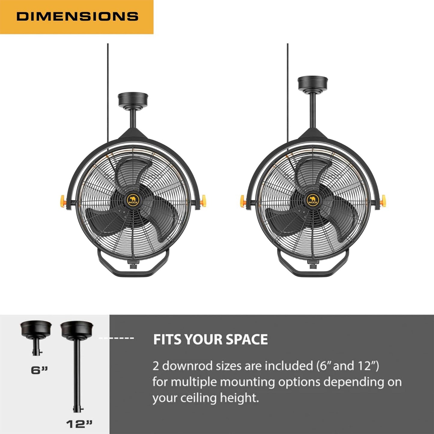 Mule 18" Fan XL, Dual Height Ceiling Mounting options, Standard 3-Prong Plug