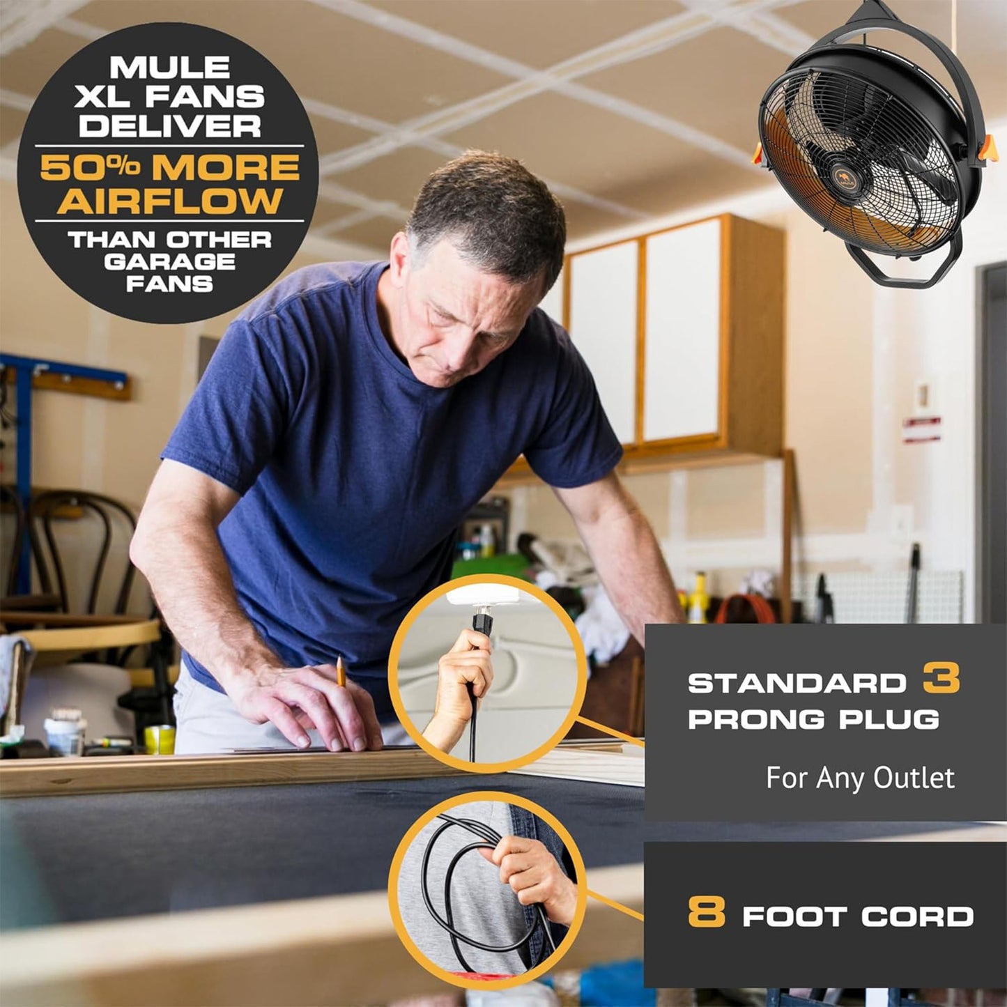 Mule 18" Fan XL, Dual Height Ceiling Mounting Options, Standard 3-Prong Plug