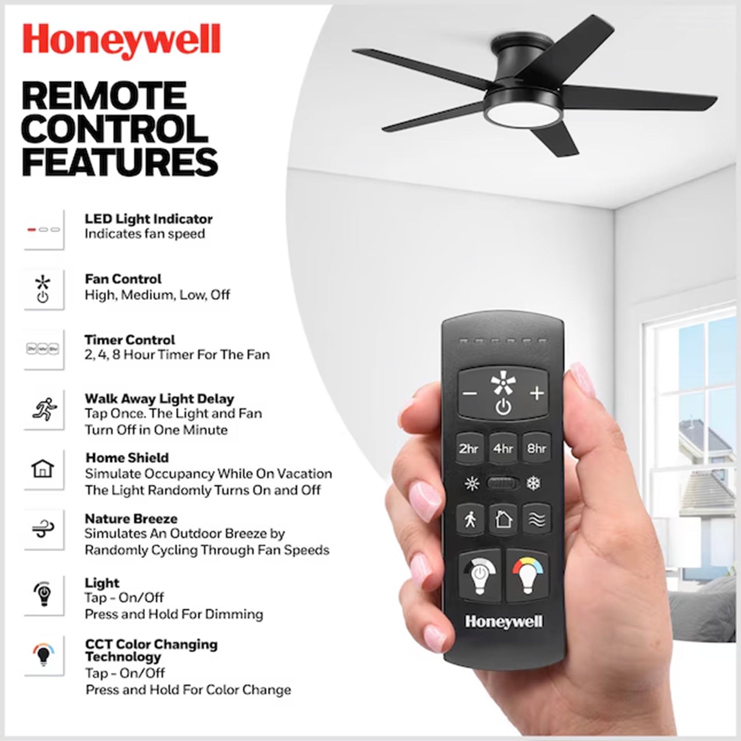 Honeywell 52" Modern Ceiling Fan LED Remote 5 Blade Indoor Tynesdale, Black