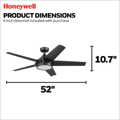 Honeywell Byard 52” Ceiling Fan with LED Light and Remote Control, Matte Black