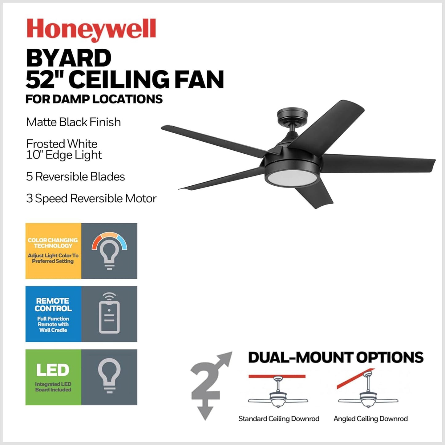 Honeywell Byard 52” Ceiling Fan with LED Light and Remote Control, Matte Black