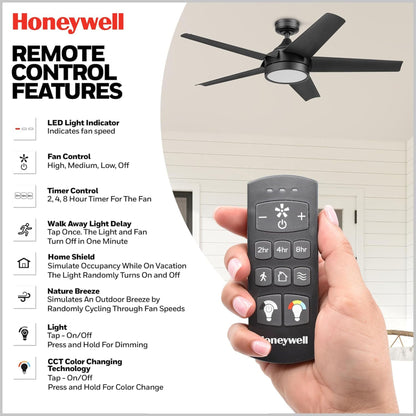 Honeywell Byard 52” Ceiling Fan with LED Light and Remote Control, Matte Black