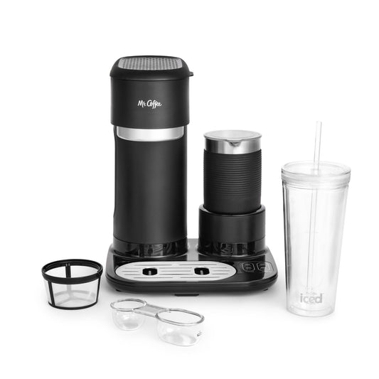 Mr. Coffee 4-in-1 Single Serve Coffee Maker with Milk Frother and Tumbler, Black