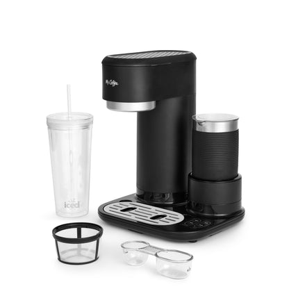 Mr. Coffee 4-in-1 Single Serve Coffee Maker with Milk Frother and Tumbler, Black